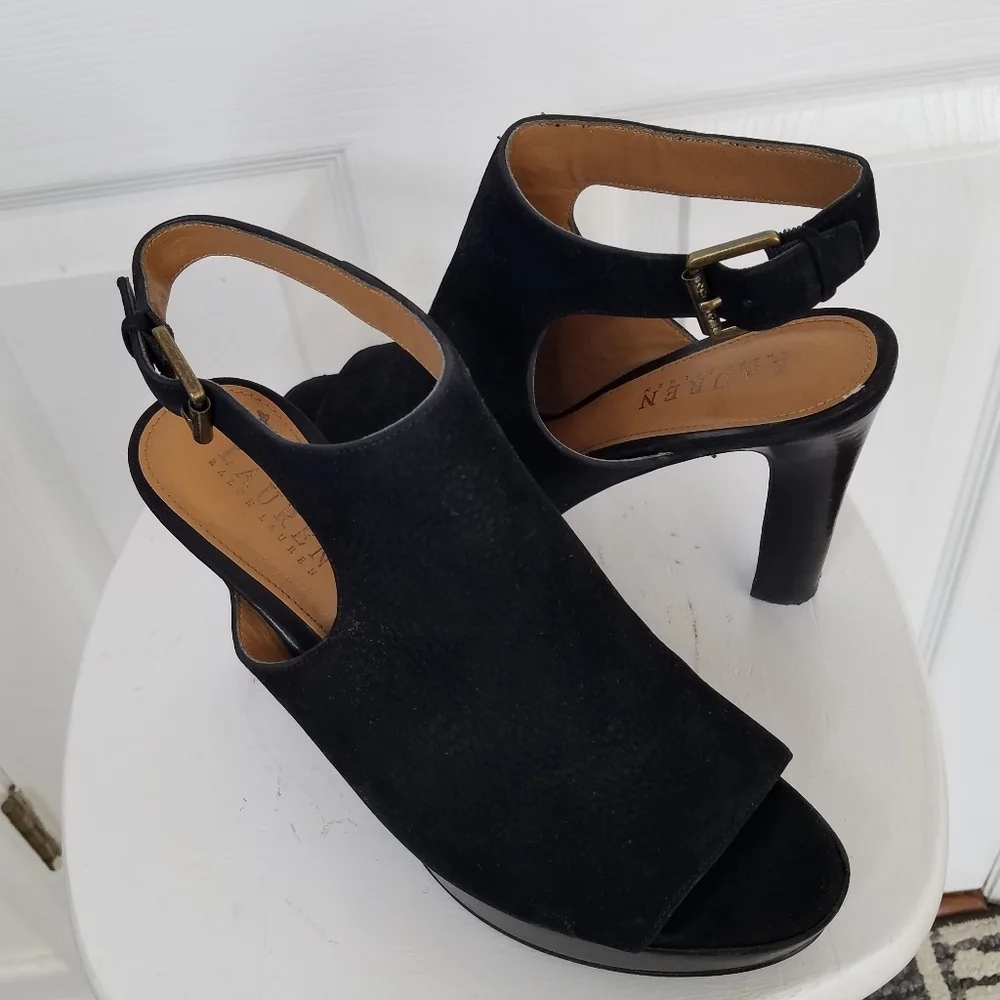 Lauren Ralph Lauren Platform Sandals Black Peep Toe Sling Back Seleste Size 8